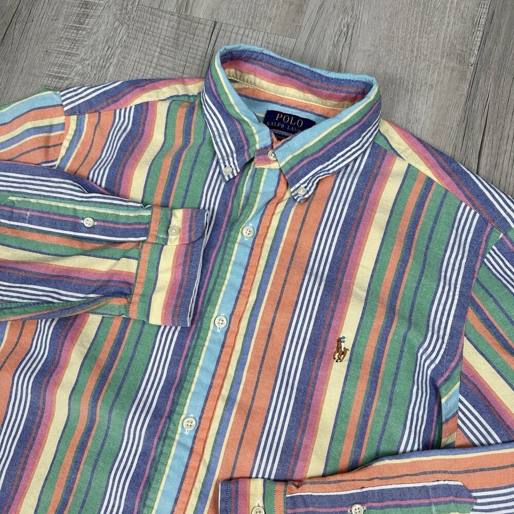 Polo Ralph Lauren Button Shirt Mens Large Multicolor Striped Cotton Oxford